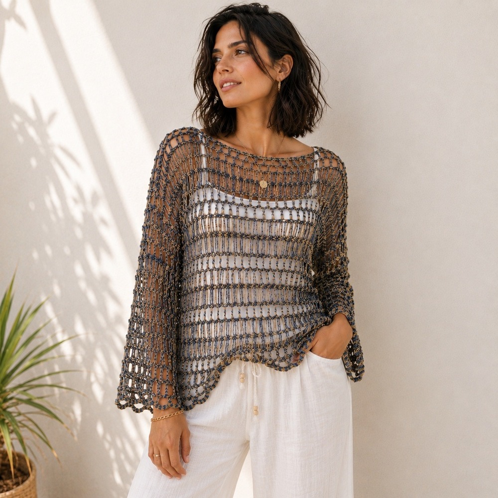 Crochet Top‎ Blue Gold Open Knit Boho Festival Beachy Sweater M/L